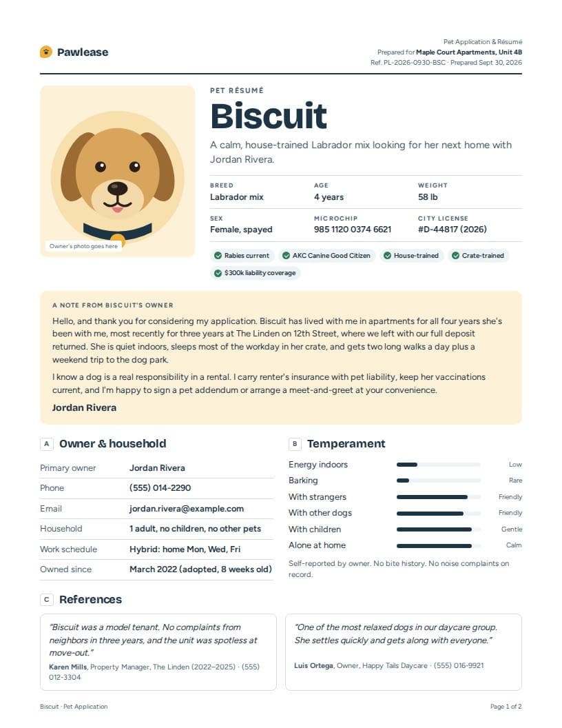 Page 1 of a sample pet application for Biscuit, a Labrador mix