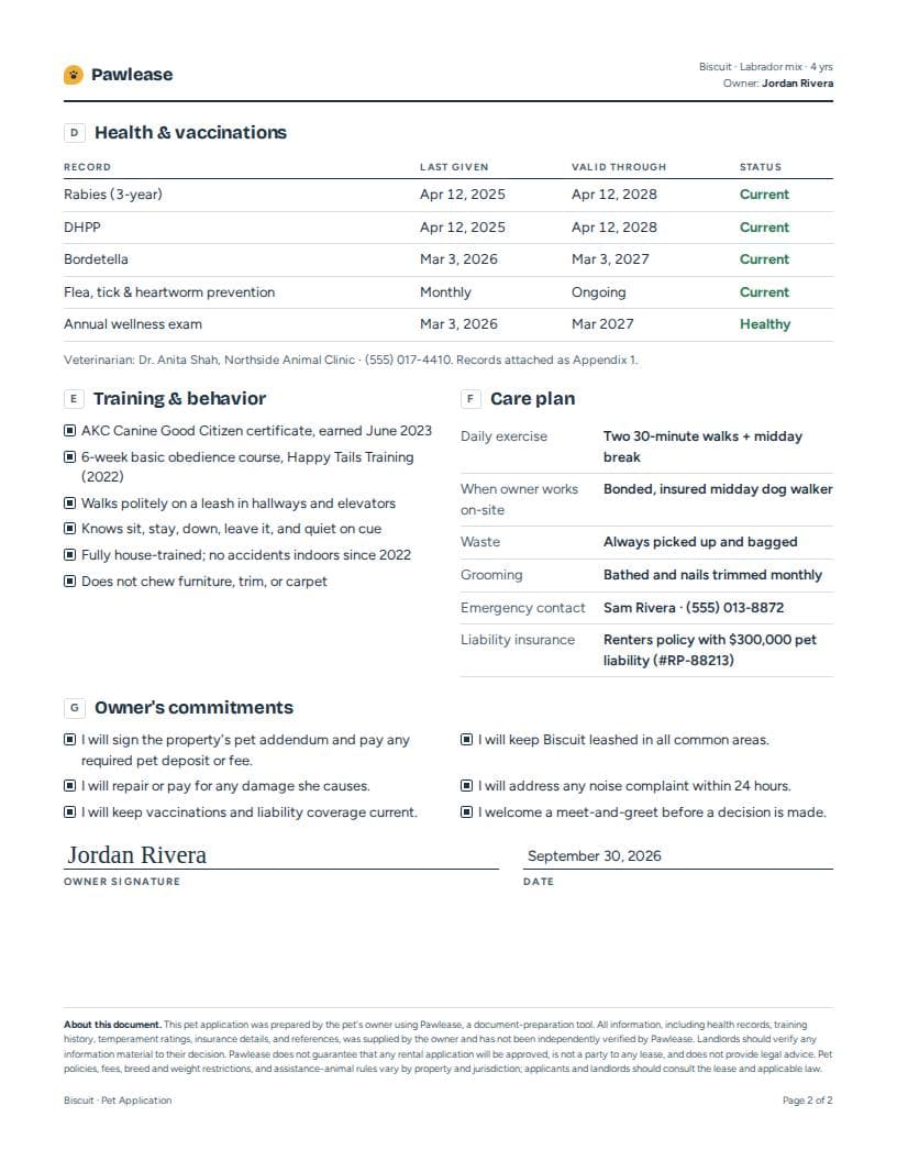 Page 2 of a sample pet application: health, training, care plan and commitments